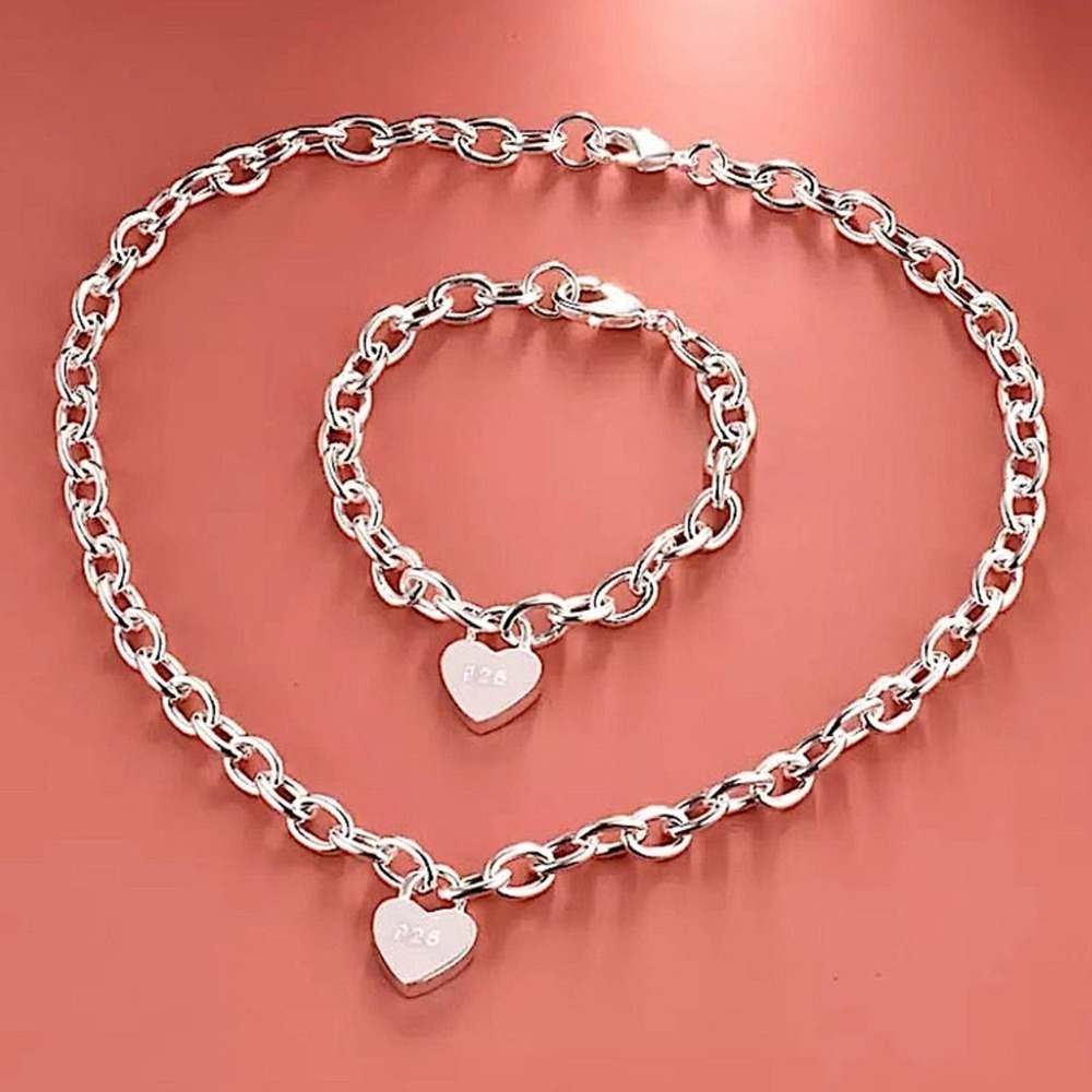Sterling Silver Heart Lock Pendant Necklace Bracelet Set